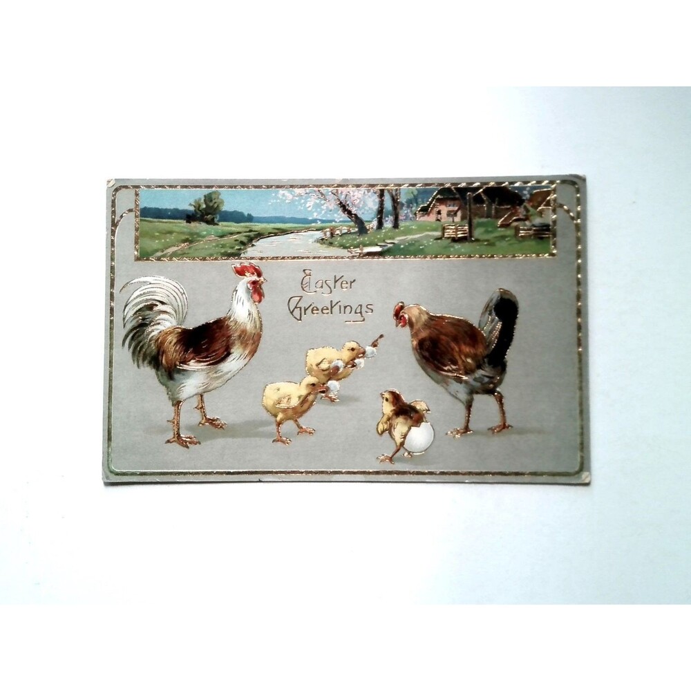 Vintage Easter Greetings Postcard Rooster Hen Chicks Hatching Egg Farm Scene Gel